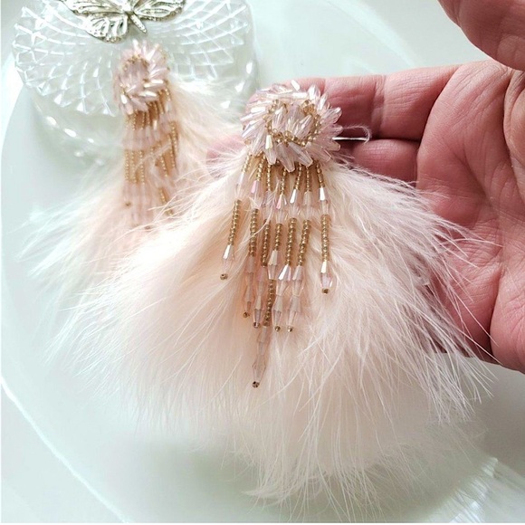Like New! Free People Mandela Pink Jeweled Cascading Feather Earrings So Boho! - Picture 3 of 3